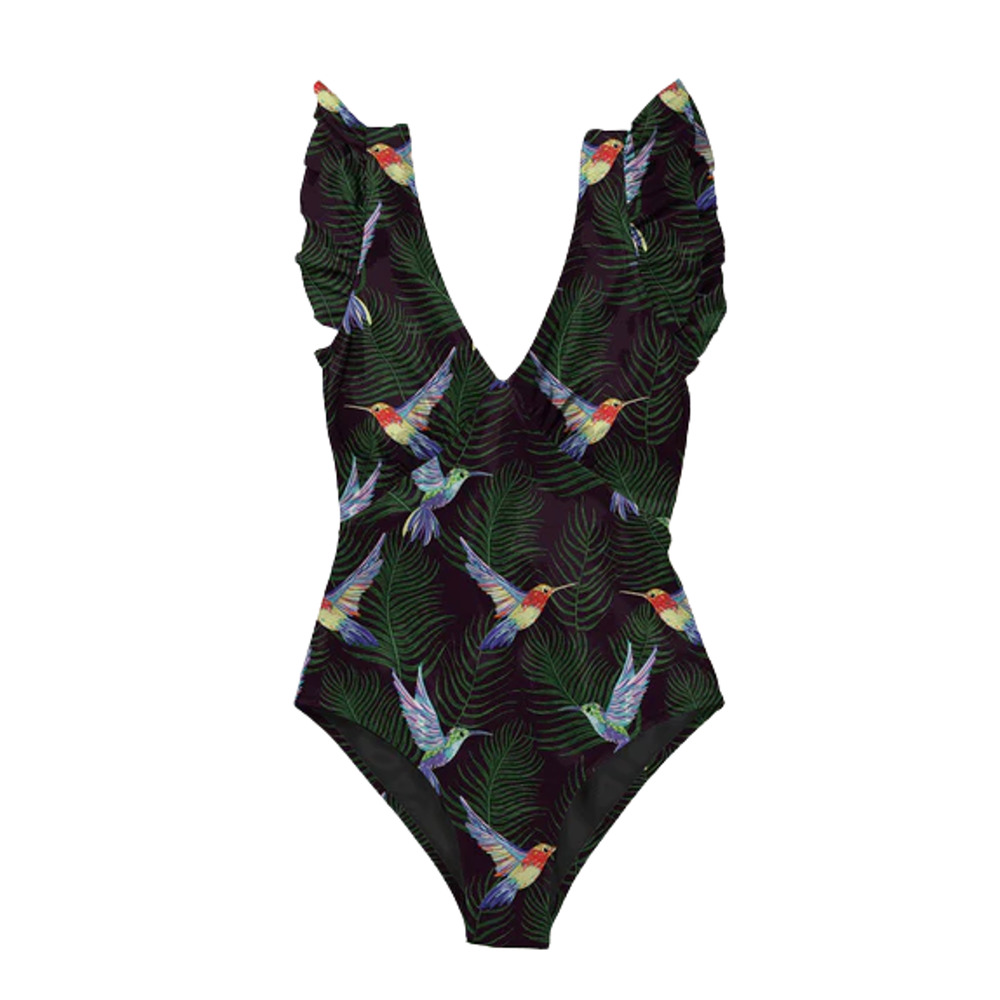 NEW! Averie Kit Plunge One Piece Swimsuit Size Medium Hummingbird Print Black